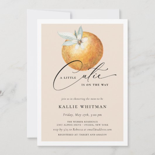 小さなかわいこちゃんオレンジ色の赤ちゃんシャワー 招待状 (正面)