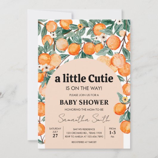 小さなかわいこちゃんオレンジ色の赤ちゃんシャワー 招待状 (正面)