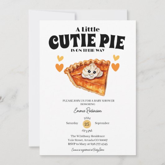 小さなかわいこちゃんカボチャのパイ秋の秋赤ちゃんシャワー 招待状 (正面)