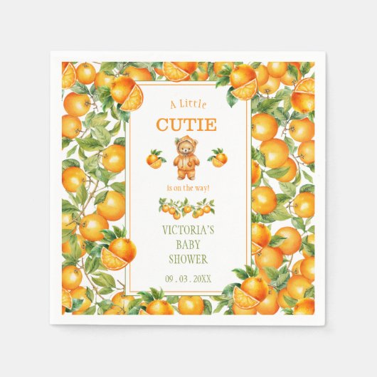 小さなかわいこちゃんクマのオレンジ色の赤ちゃんシャワー スタンダードカクテルナプキン (正面)