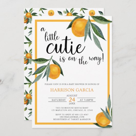 小さなかわいこちゃんクレメンチンオレンジ色の赤ちゃんシャワー 招待状 (正面/裏面)