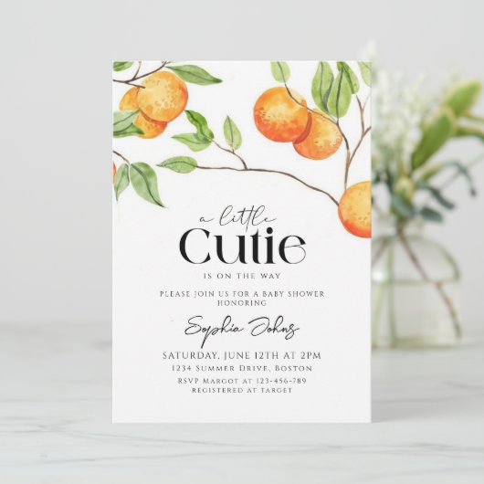 小さなかわいこちゃんクレメンチンオレンジ色の赤ちゃんシャワー 招待状 (スタンド正面)