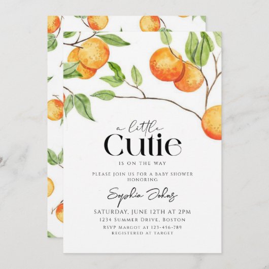 小さなかわいこちゃんクレメンチンオレンジ色の赤ちゃんシャワー 招待状 (正面/裏面)