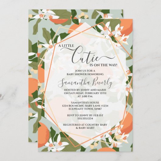 小さなかわいこちゃんシトラスとミントグリーンのベビーシャワー 招待状 (正面/裏面)