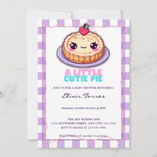 小さなかわいこちゃんパイかわいい紫の格子柄の赤ちゃんシャワー 招待状 (正面)