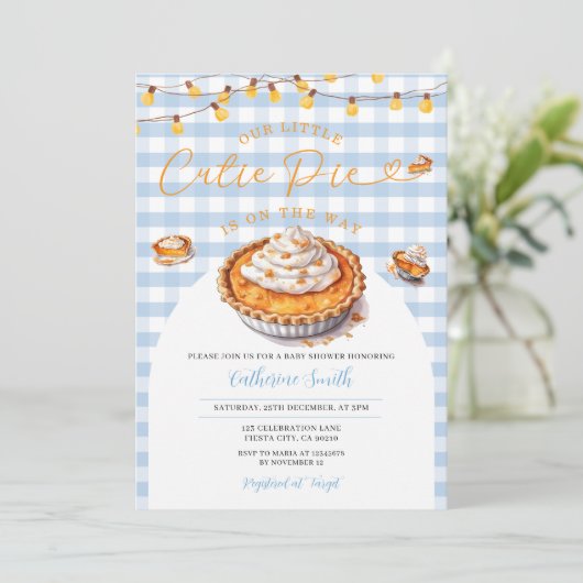 小さなかわいこちゃんパイが途中の赤ちゃんシャワーブルー 招待状 (スタンド正面)