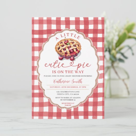小さなかわいこちゃんパイが途中の赤ちゃんシャワー赤 招待状 (スタンド正面)