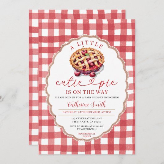 小さなかわいこちゃんパイが途中の赤ちゃんシャワー赤 招待状 (正面/裏面)