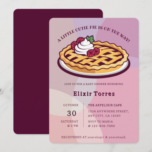 小さなかわいこちゃんパイのミニマリストパープルベビーシャワー 招待状 (正面/裏面)