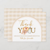 小さなかわいこちゃんパイパステルギンガムベビーシャワーにボウ サンキューカード (正面/裏面)