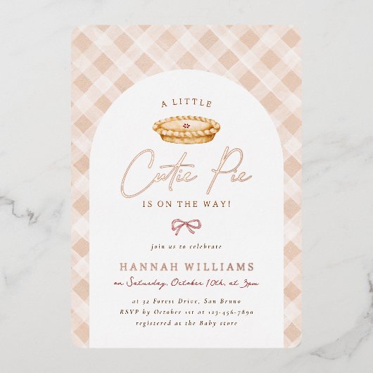 小さなかわいこちゃんパイ感謝祭秋赤ちゃんシャワー 箔招待状 (正面)