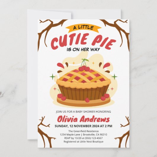 小さなかわいこちゃんパイ秋さくらんぼパイ赤ちゃんシャワー 招待状 (正面)