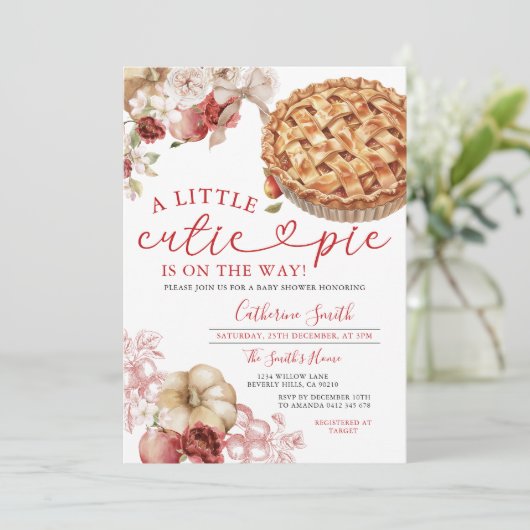 小さなかわいこちゃんパイ赤ちゃんシャワーアップル秋フローラ 招待状 (スタンド正面)