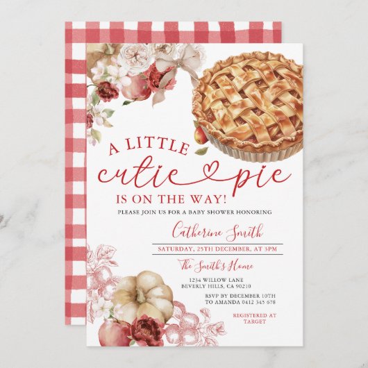 小さなかわいこちゃんパイ赤ちゃんシャワーアップル秋フローラ 招待状 (正面/裏面)