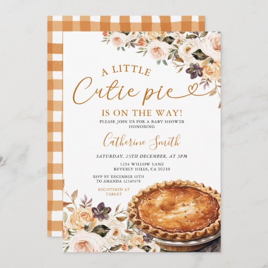 小さなかわいこちゃんパイ赤ちゃんシャワーカボチャ秋フローラ 招待状 (正面/裏面)