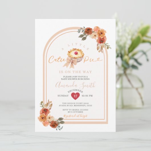 小さなかわいこちゃんパイBohoアーチフローラ赤ちゃんシャワー 招待状 (スタンド正面)