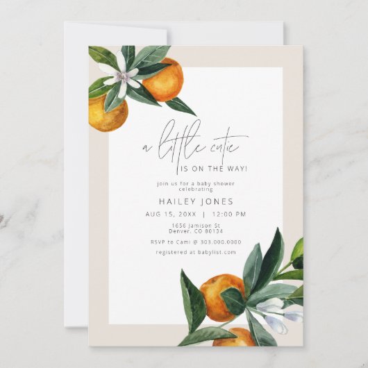 小さなかわいこちゃん柑橘類オレンジフルーツ赤ちゃんシャワーInv 招待状 (正面)