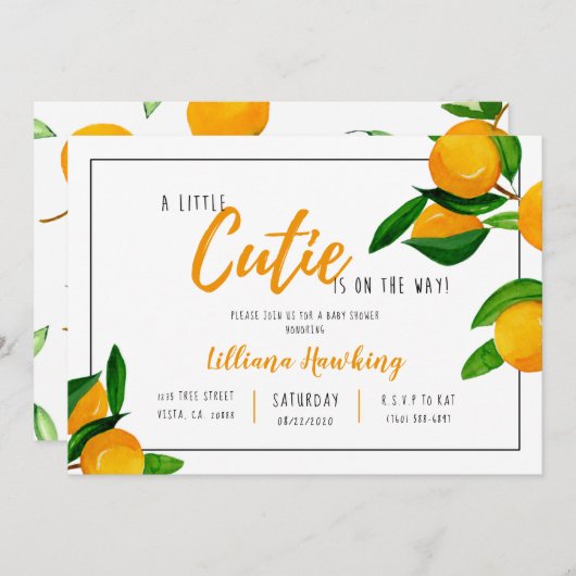 小さなかわいこちゃん赤ちゃんシャワーオレンジ柑橘系テーマ 招待状 (正面/裏面)