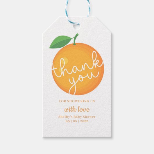 小さなかわいこちゃん、赤ちゃんシャワー、ありがとうラベル、オレンジ ギフトタグ (正面)