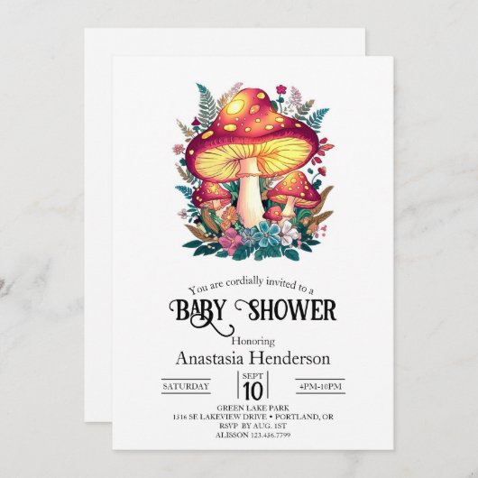小さなかわいらしキノコの赤ちゃんシャワー 招待状 (正面/裏面)