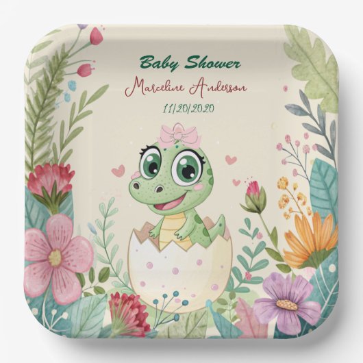 小さなかわいらし恐竜の水彩孵化 ペーパープレート (正面)