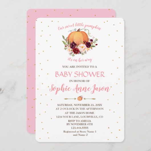 小さなきらめくかぼちゃ感謝与ベビーシャワー 招待状 (正面/裏面)
