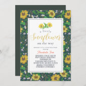 小さなひまわりパターンネイビー仮想ベビーシャワー 招待状 (正面/裏面)