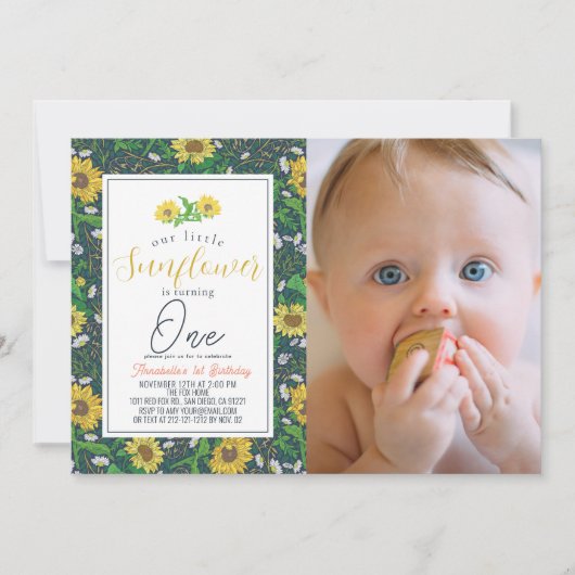 小さなひまわりパターン海軍の第1誕生日の写真 招待状 (正面)