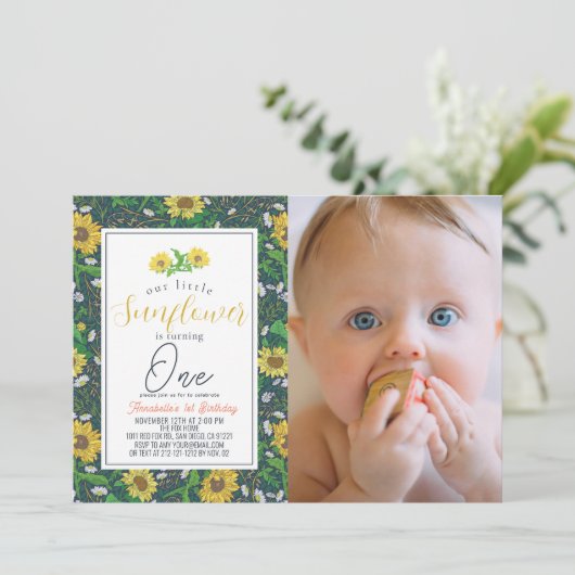 小さなひまわりパターン海軍の第1誕生日の写真 招待状 (スタンド正面)
