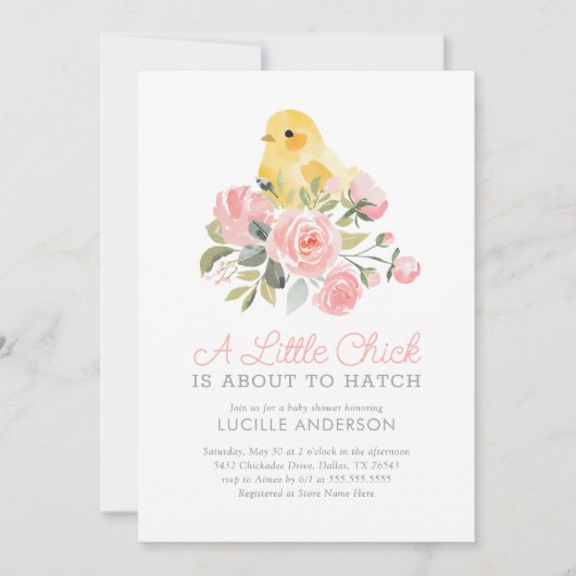 小さなひよこが赤ちゃんシャワーを浴びようとしている 招待状 (正面)