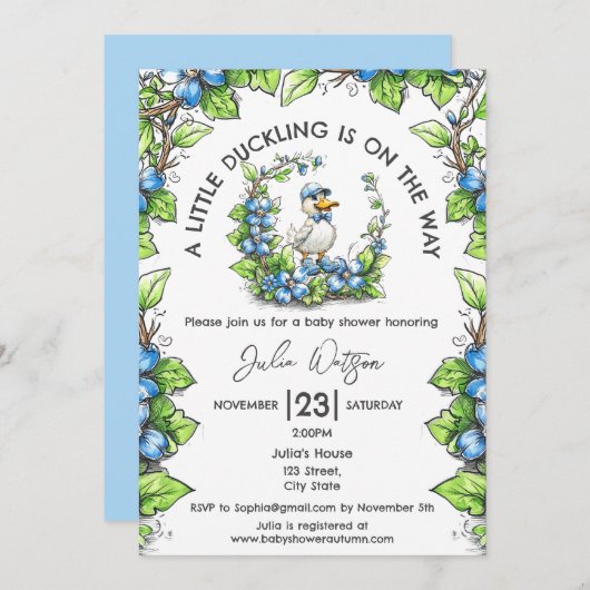 小さなアヒルが途中にある男の赤ちゃんシャワー 招待状 (正面/裏面)