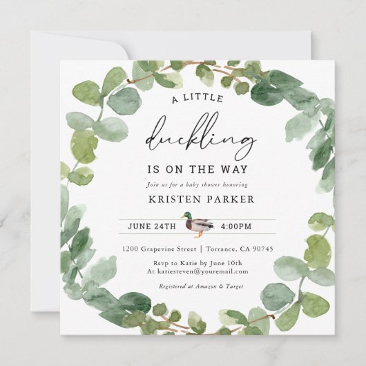 小さなアヒルはアヒルの赤ちゃんシャワーの途中にある 招待状 (正面)