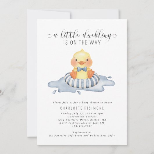 小さなアヒルは途中で青い赤ちゃんシャワー 招待状 (正面)