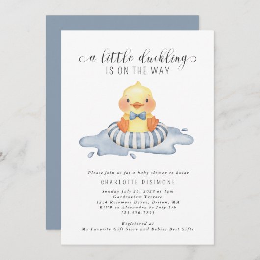 小さなアヒルは途中で青い赤ちゃんシャワー 招待状 (正面/裏面)