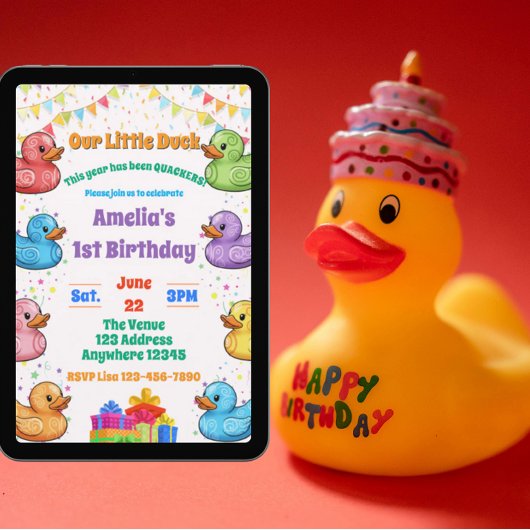 小さなアヒル、カラフルなラバーダック、1歳の誕生日 招待状