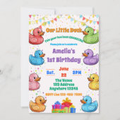 小さなアヒル、カラフルなラバーダック、1歳の誕生日 招待状 (正面)