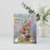 小さなアヒル、ニワトリ、花を持つイースターエッグ シーズンポストカード (スタンド正面)