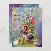 小さなアヒル、ニワトリ、花を持つイースターエッグ シーズンポストカード (正面/裏面)