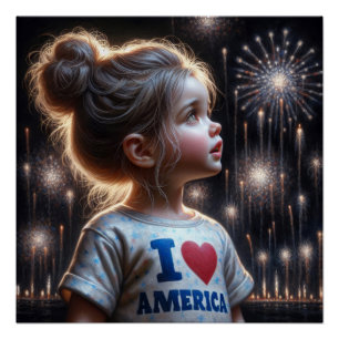 小さなアメリカ人の少女が花火を見る ポスター