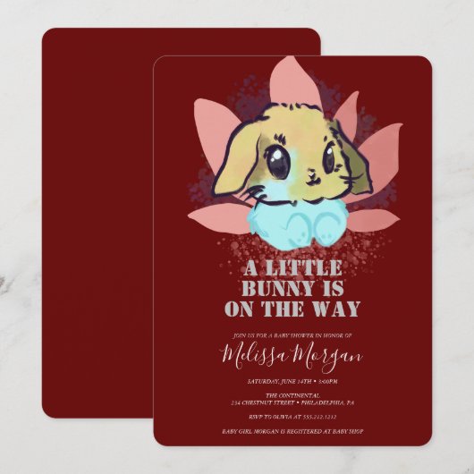 小さなウサギがやってくる！ 可愛いバーガンディーのベイビーシャワー 招待状 (正面/裏面)