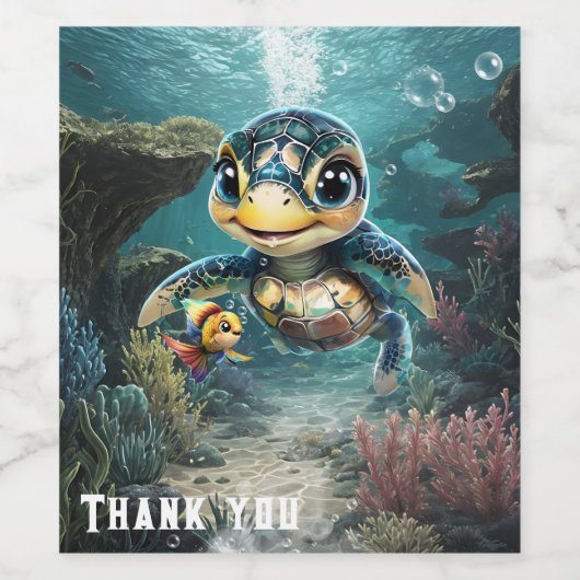 小さなウミガメが友だちと一緒に探検する。 ワインラベル (シングルラベル)
