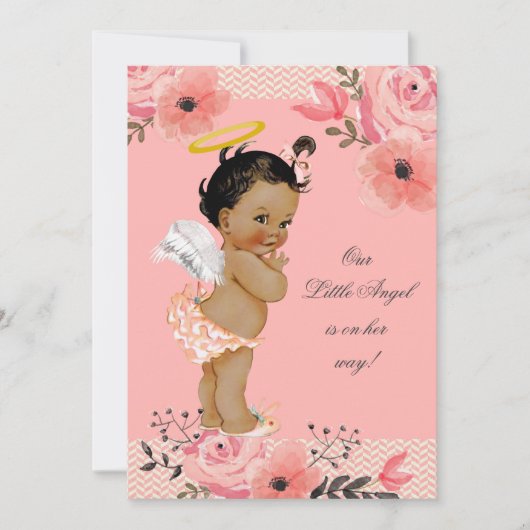 小さなエスニックエンジェルウォーターカラーフラワーベビーシャワー 招待状 (正面)