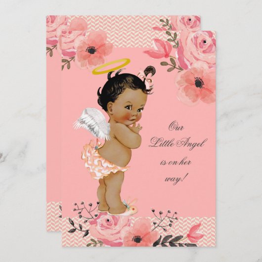 小さなエスニックエンジェルウォーターカラーフラワーベビーシャワー 招待状 (正面/裏面)