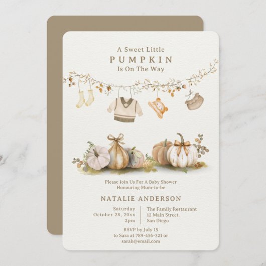 小さなエレガントかぼちゃの男の子の物干し線ベビーシャワー 招待状 (正面/裏面)