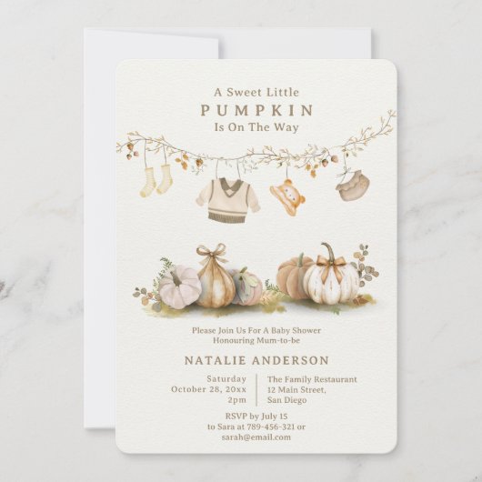 小さなエレガントかぼちゃの男の子の物干し線ベビーシャワー 招待状 (正面)