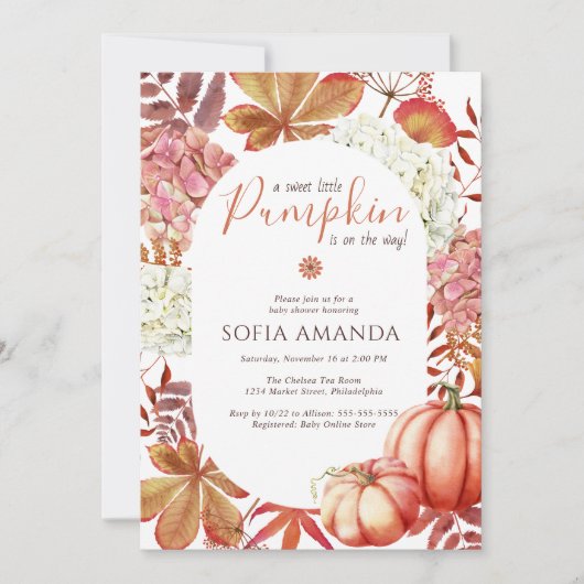 小さなエレガントかぼちゃの紅葉ベビースシャワー 招待状 (正面)