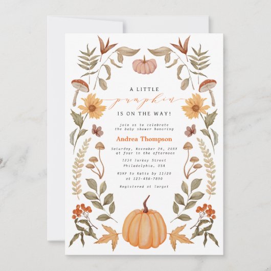 小さなエレガントかぼちゃの紅葉ベビースシャワー 招待状 (正面)