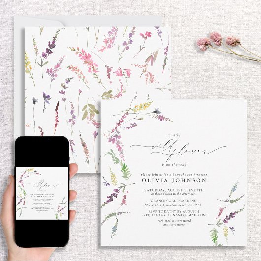 小さなエレガントワイルドフラワースクリプト女の子ベビーシャワー 招待状