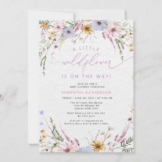 小さなエレガント野草の赤ちゃんシャワー 招待状 (正面)
