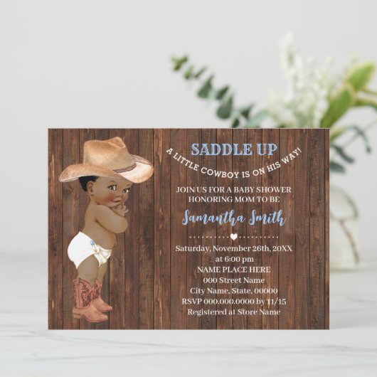 小さなオウムが青い赤ちゃんシャワーを途中でカウボーイ 招待状 (スタンド正面)